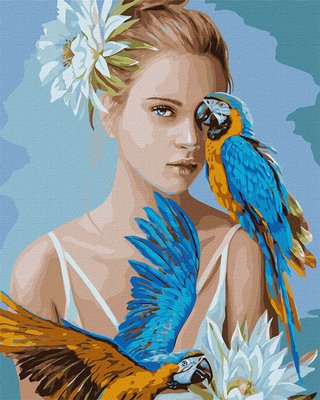 Картина за номерами Ідейка "Дівчина з блакитними папугами" 40х50см KHO4802 фото 1