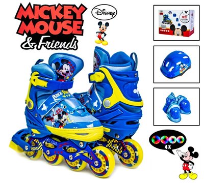 Детские раздвижные ролики 34-37 с комплектом защиты и шлемом Disney Mickey Mouse Все колеса светятся! фото 1