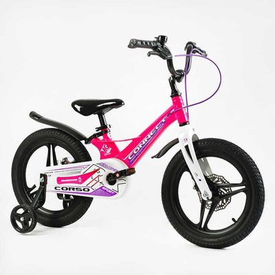 Велосипед детский двухколёсный 16" CORSO Connect магниевая рама доп колеса на 5-7 лет розовый с фиолетовым MG-16117 фото 1