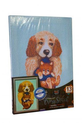 Вышивка крестиком на канве с подрамником Danko Toys Cross Stitch: Собачка и котик VKB-02-05 фото 1