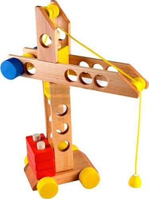 Дитяча дерев'яна ручна каталочка-конструктор Руді "Будівельний кран" жовто-червона Ду-11 фото 1