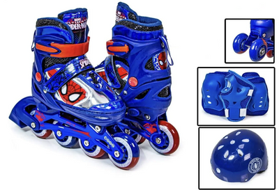 Детские раздвижные ролики 31-34 с комплектом защиты и шлемом Marvel Spider Man синие фото 1