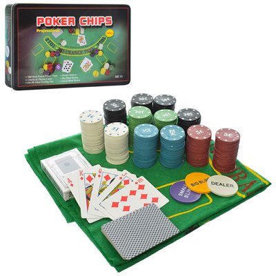 Набор для покера Poker Chips 300 фишек, карты, игровое сукно, аксессуары в металлическом боксе A164 фото 1