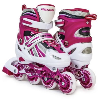 Роликовые коньки детские раздвижные 34-37 Power Champs Pink с подсветкой колеса фото 1