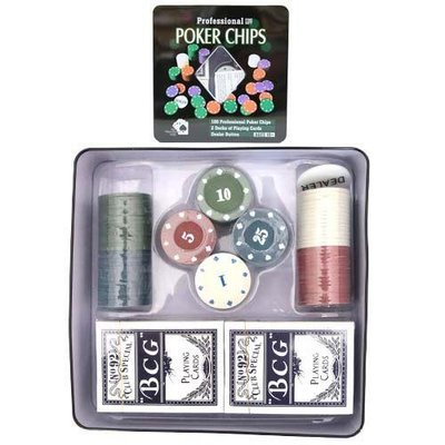 Набор для покера Poker Chips 100 фишек, карты в металлическом боксе фото 1