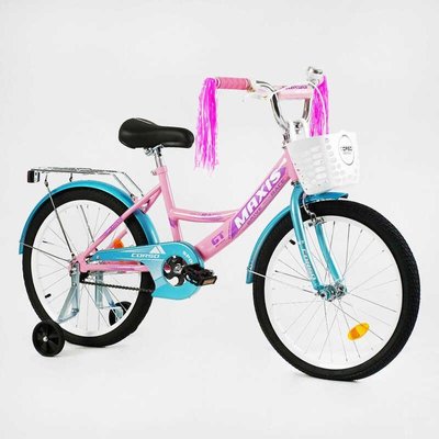 Велосипед підлітковий двоколісний 20" CORSO Maxis прикраси кошик доп колеса рожевий з блакитним CL-20211 фото 1
