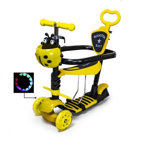 Детский самокат - трансформер 6 в 1 с бортиком и подсветкой Scooter Божья коровка желтый фото 2