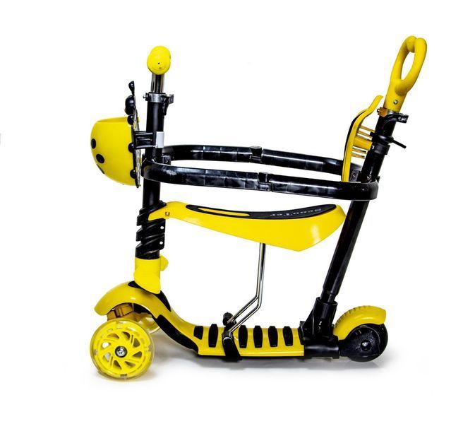 Детский самокат - трансформер 6 в 1 с бортиком и подсветкой Scooter Божья коровка желтый фото 3