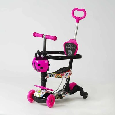 Детский самокат - трансформер 6 в 1 с бортиком и подсветкой Best Scooter боковые колеса малиновый фото 1