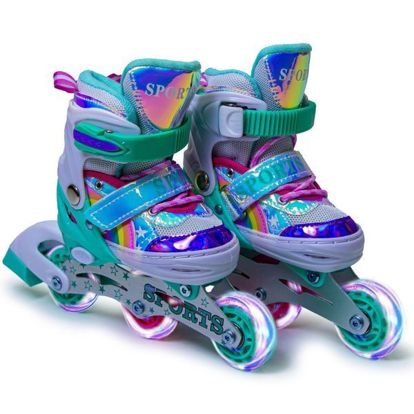 Детские раздвижные ролики 26-29 с комплектом защиты и шлемом Scale Sports Rainbow подсветка колес бирюзовый фото 2