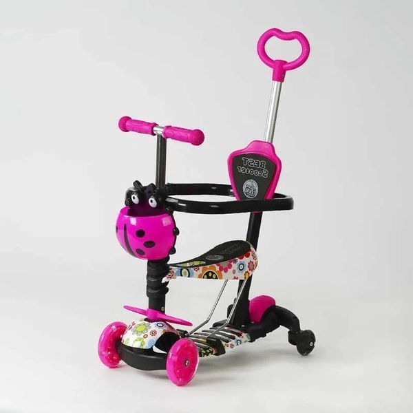 Детский самокат - трансформер 6 в 1 с бортиком и подсветкой Best Scooter боковые колеса малиновый фото 5