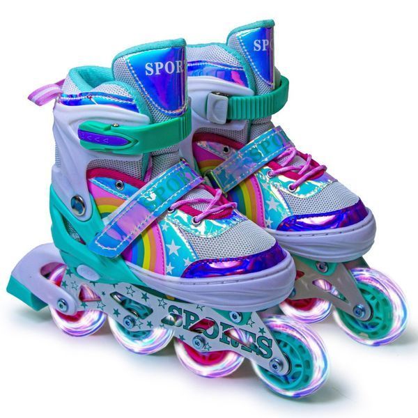 Дитячі розсувні ролики 29-33 з комплектом захисту та шоломом Scale Sports Rainbow підсвічування коліс бірюзовий фото 2