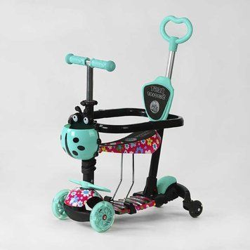 Детский самокат - трансформер 6 в 1 с бортиком и подсветкой Best Scooter боковые колеса бирюзовый фото 1