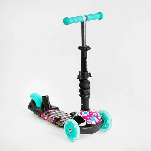 Детский самокат - трансформер 6 в 1 с бортиком и подсветкой Best Scooter боковые колеса бирюзовый фото 7