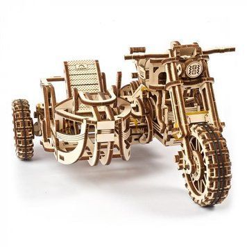 3D конструктор механічний дерев'яний Ugears Мотоцикл Scramber з коляскою 380 деталей 70137 фото 1