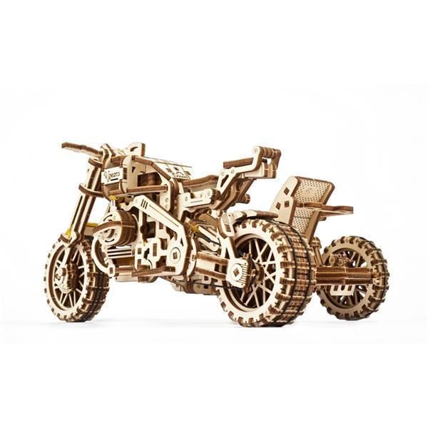 3D конструктор механічний дерев'яний Ugears Мотоцикл Scramber з коляскою 380 деталей 70137 фото 4