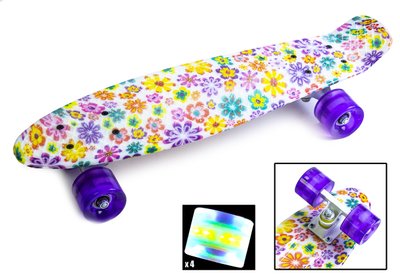 Подростковый пенниборд с ярким принтом и подсветкой всех колес "Violet Flowers" фото 1