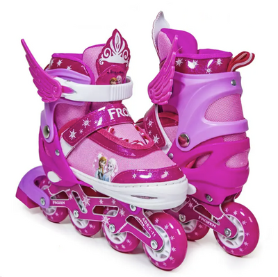 Детские раздвижные ролики 35-38 с комплектом защиты и шлемом Frozen подсветка всех колес розовые фото 1