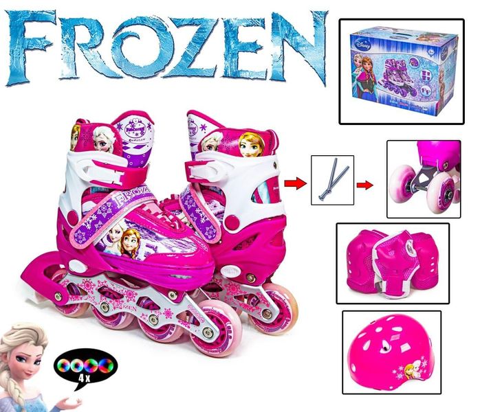 Дитячі розсувні ролики 35-38 з комплектом захисту та шоломом Frozen підсвічування всіх коліс рожеві фото 2