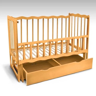 Дитяче дерев'яне ліжко з відкидним бортиком маятником та ящиком "Хвиля" вільха - колір світло-коричневий фото 1