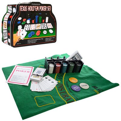 Набір для покеру Texas Holdem Poker Set 200 фішок, карти, ігрове сукно, аксесуари в металевому боксі фото 1