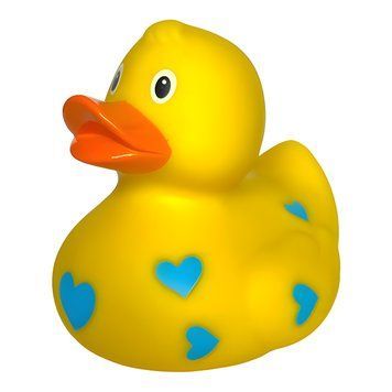 Стильна тематична гумова качечка FunnyDucks "Жовта у блакитних сердечках" L0905 фото 1