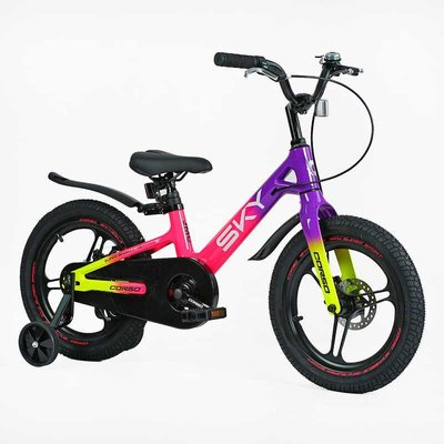 Велосипед детский двухколёсный 16" CORSO Sky магниевая рама доп колеса на 5-7 лет розовый с фиолетовым SK-16522 фото 1