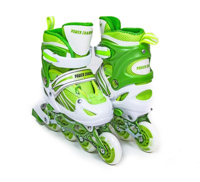 Роликовые коньки детские раздвижные 29-33 Power Champs Green с подсветкой колеса фото 1