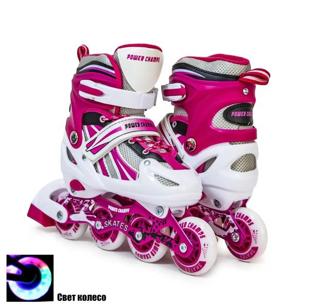 Роликовые коньки детские раздвижные 34-37 с комплектом защиты и шлемом Power Champs Pink фото 2
