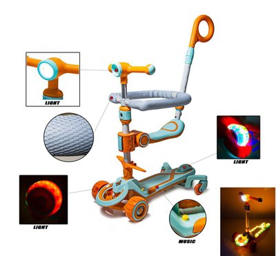 Детский самокат - трансформер 6 в 1 с бортиком и подсветкой Smart музыка боковые колеса фонарик оранжевый фото 1