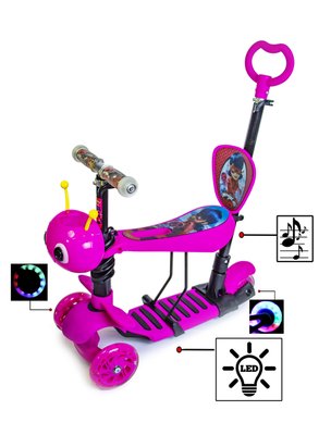 Детский самокат - трансформер 5 в 1 с подсветкой и музыкой Scooter Пчелка Леди Баг Pink фото 1