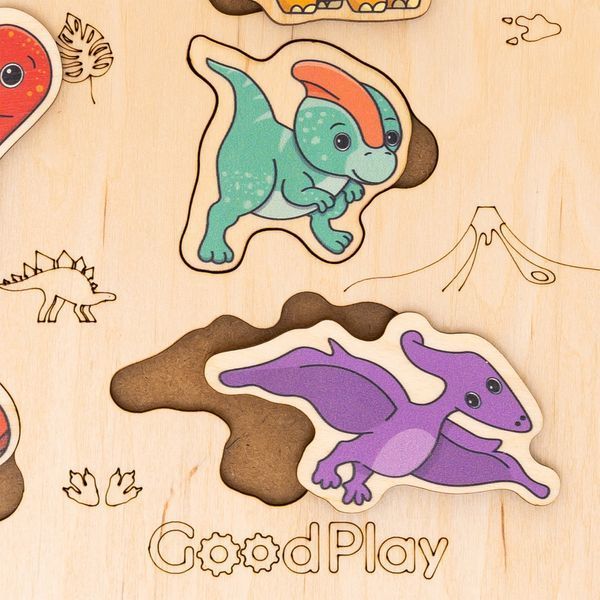 Дерев'яна рамка-вкладиш Монтессорі для малюків GoodPlay ДиноСвіт 18м+ 27х19 см 9 вкладишів PS-4-019 фото 4