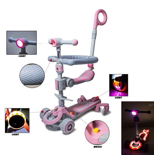 Дитячий самокат - трансформер 6 в 1 з бортиком та підсвічуванням Smart музика бічні колеса ліхтарик рожевий фото 1