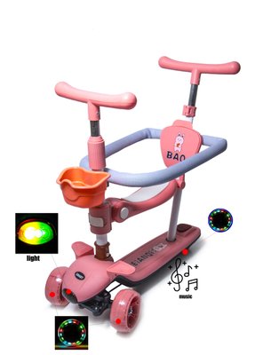 Детский самокат - трансформер 6 в 1 с бортиком подсветкой колес и деки BAQ музыка боковые колеса розовый фото 1