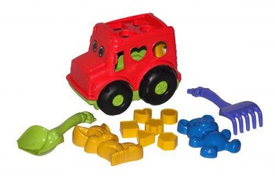 Розвиваючий дитячий сортер-автобус Colorplast Бусик №2 з пісочним набором червоний 0251 фото 1