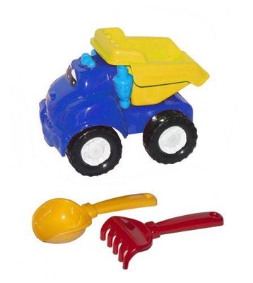 Іграшковий самоскид Colorplast Смайл №1 червоний у наборі грабельки та лопатка 24 см синій 0121 фото 1