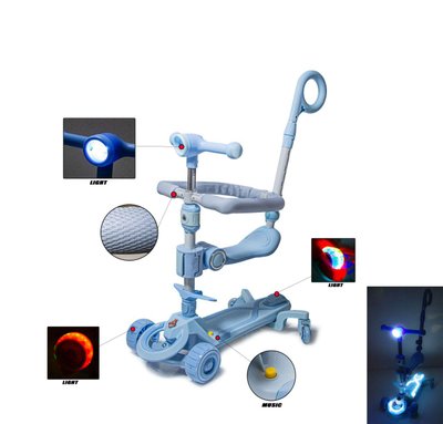 Детский самокат - трансформер 6 в 1 с бортиком и подсветкой Smart музыка боковые колеса фонарик голубой фото 1