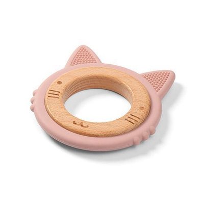 Прорезыватель для зубов деревянно-силиконовый BabyOno Котенок розовый фото 1