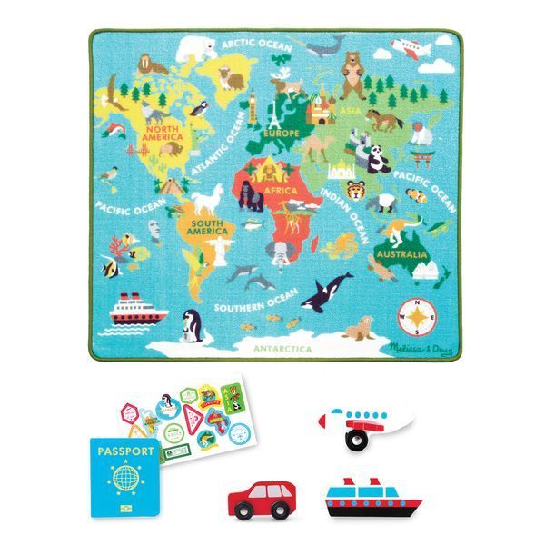 Великий ігровий килимок для дітей Melissa & Doug Мапа світу з 3 дерев'яними транспортами 100&times;92 см MD5194 фото 5