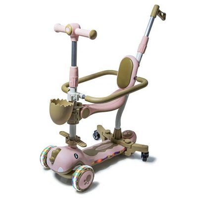 Детский самокат - трансформер 6 в 1 с бортиком подсветкой колес и деки Dino музыка боковые колеса розовый фото 1