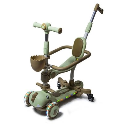Дитячий самокат - трансформер 6 в 1 з бортиком підсвічуванням коліс та деки Dino музика бічні колеса оливковий фото 1