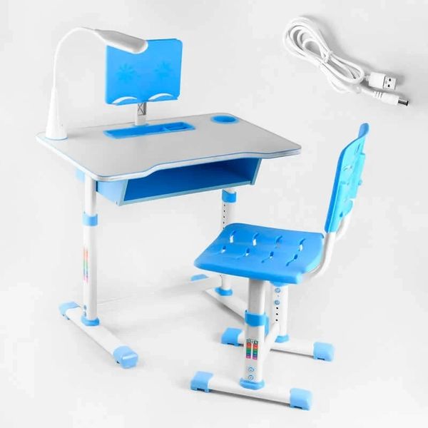 Парта школьная со стульчиком регулируемая по высоте и наклону с лампой белая с голубым C 44557 фото 1