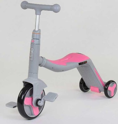 Самокат - біговел - велосипед 3 в 1 Best Scooter підсвічування музика PU колеса сірий з рожевим JT 90601 фото 1