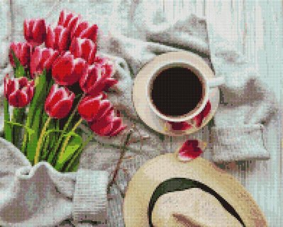 Алмазна мозаїка Brushme "Чашка кави та рожеві тюльпани" 40х50см DBS1048 фото 1
