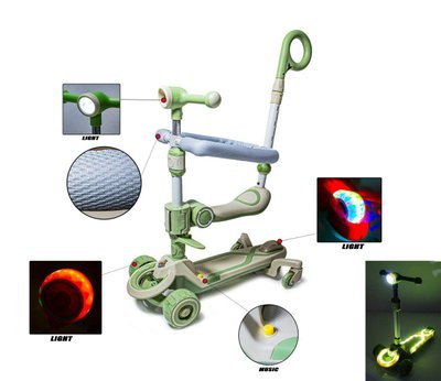 Детский самокат - трансформер 6 в 1 с бортиком и подсветкой Smart музыка боковые колеса фонарик зеленый фото 1