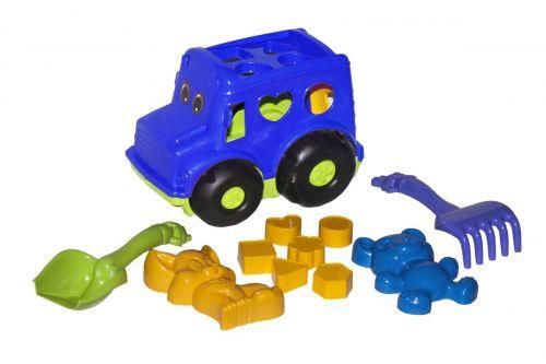 Розвиваючий дитячий сортер-автобус Colorplast Бусик №2 з пісочним набором синій 0251 фото 1
