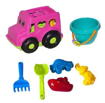 Развивающий детский сортер-автобус Colorplast Бусик №3 с большим песочным набором розовый 0268 фото 1
