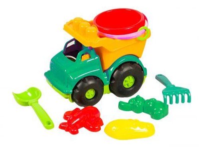 Іграшковий самоскид Colorplast Смайл №2 бірюзовий у наборі грабельки лопатка 2 пасочки 24 см зелений 0138 фото 1