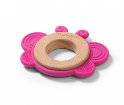 Прорезыватель для зубов деревянно-силиконовый BabyOno Бабочка розовая фото 1