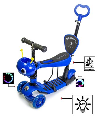 Детский самокат - трансформер 5 в 1 с подсветкой и музыкой Scooter Пчелка Blue фото 1
